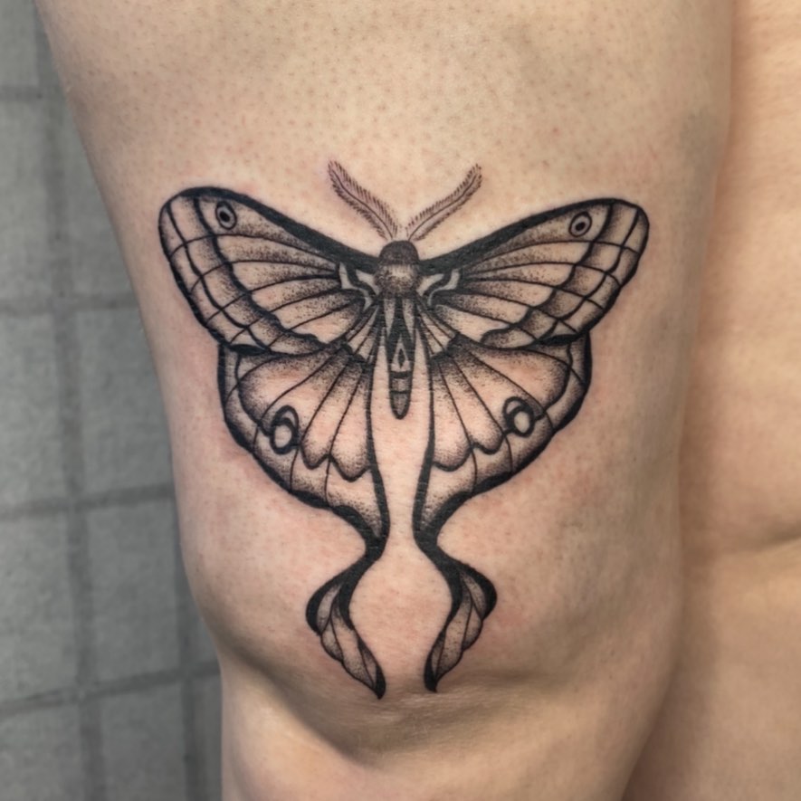 Tatuaje de Mariposa Negra encima de la Rodilla