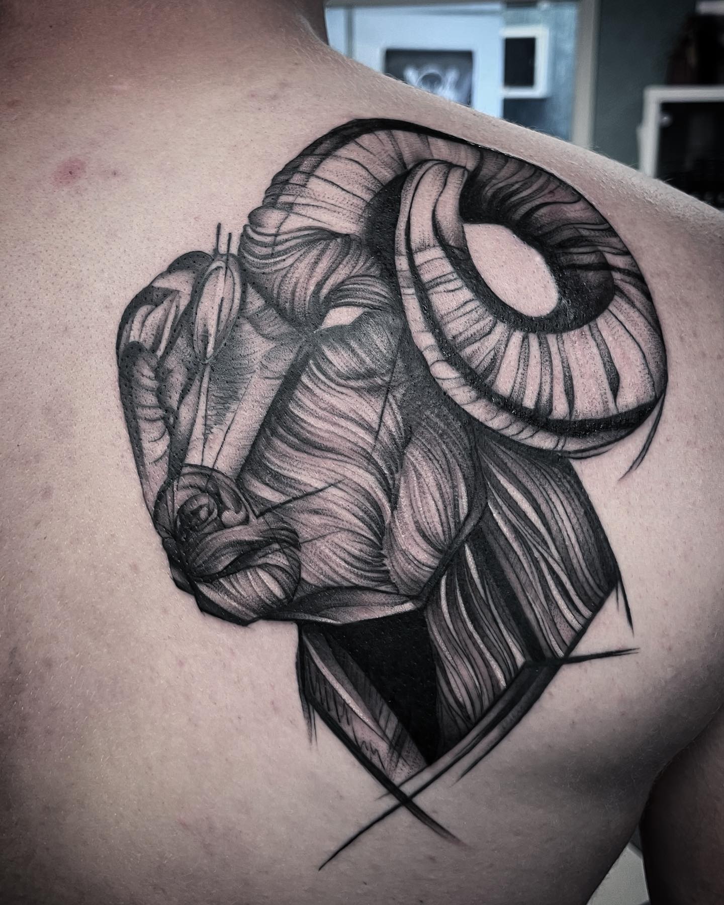Tatuaje detallado de espalda de Aries