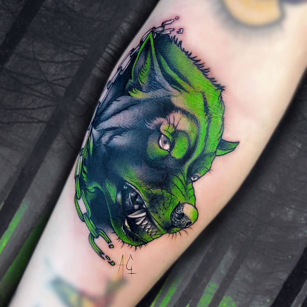 Tatuaje de Fenrir Verde Brillante