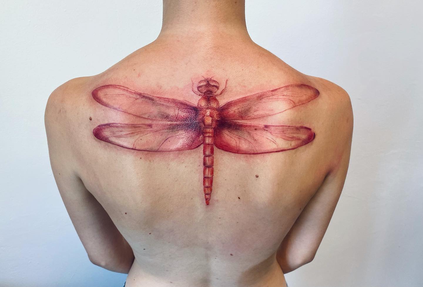 Tatuaje de libélula fresca de color rojo brillante.