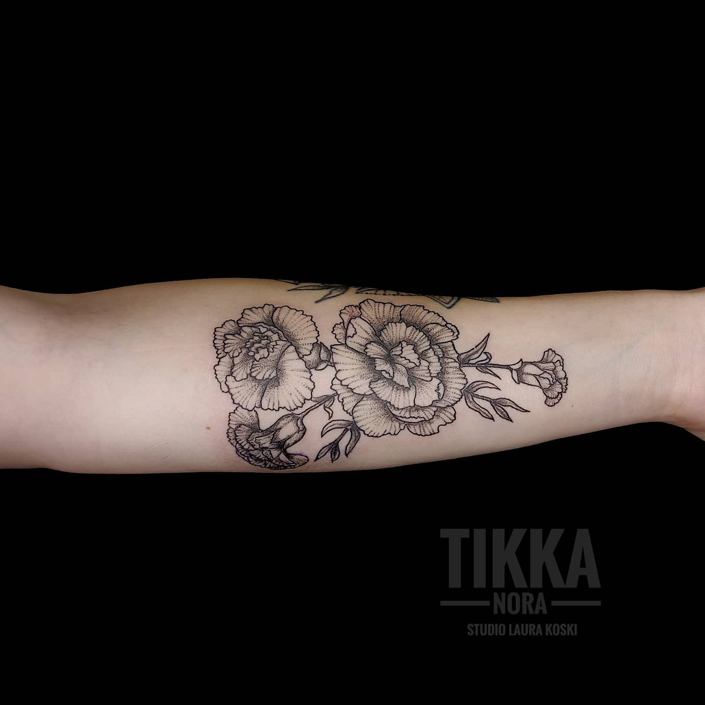 Tatuaje de flor de clavel en el antebrazo