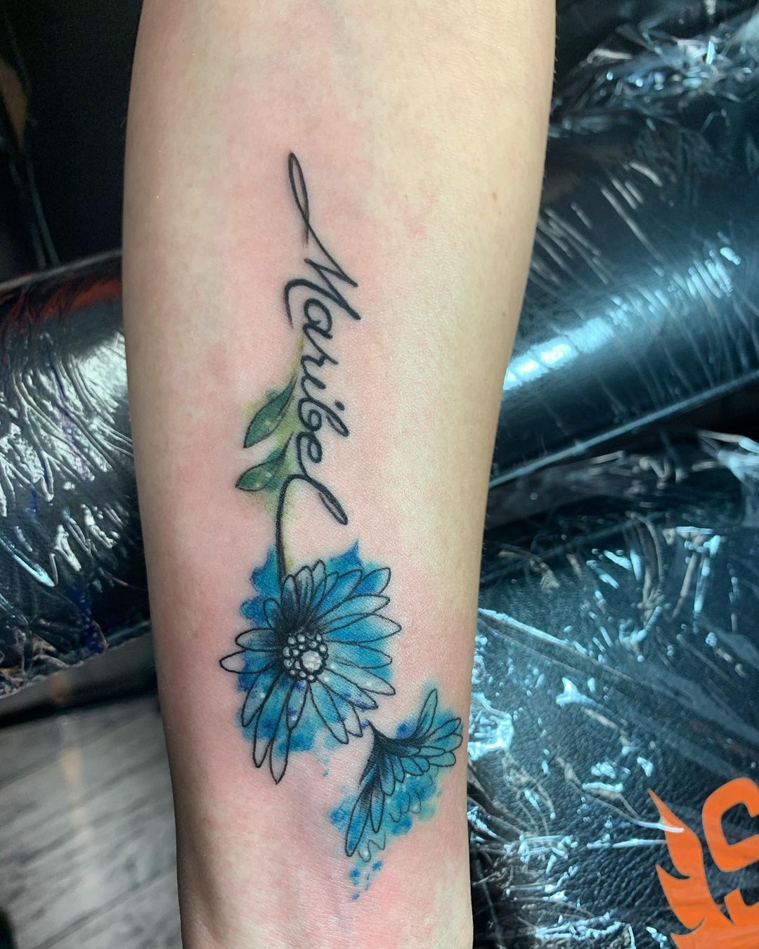 Tatuajes de flores de Aster azul.