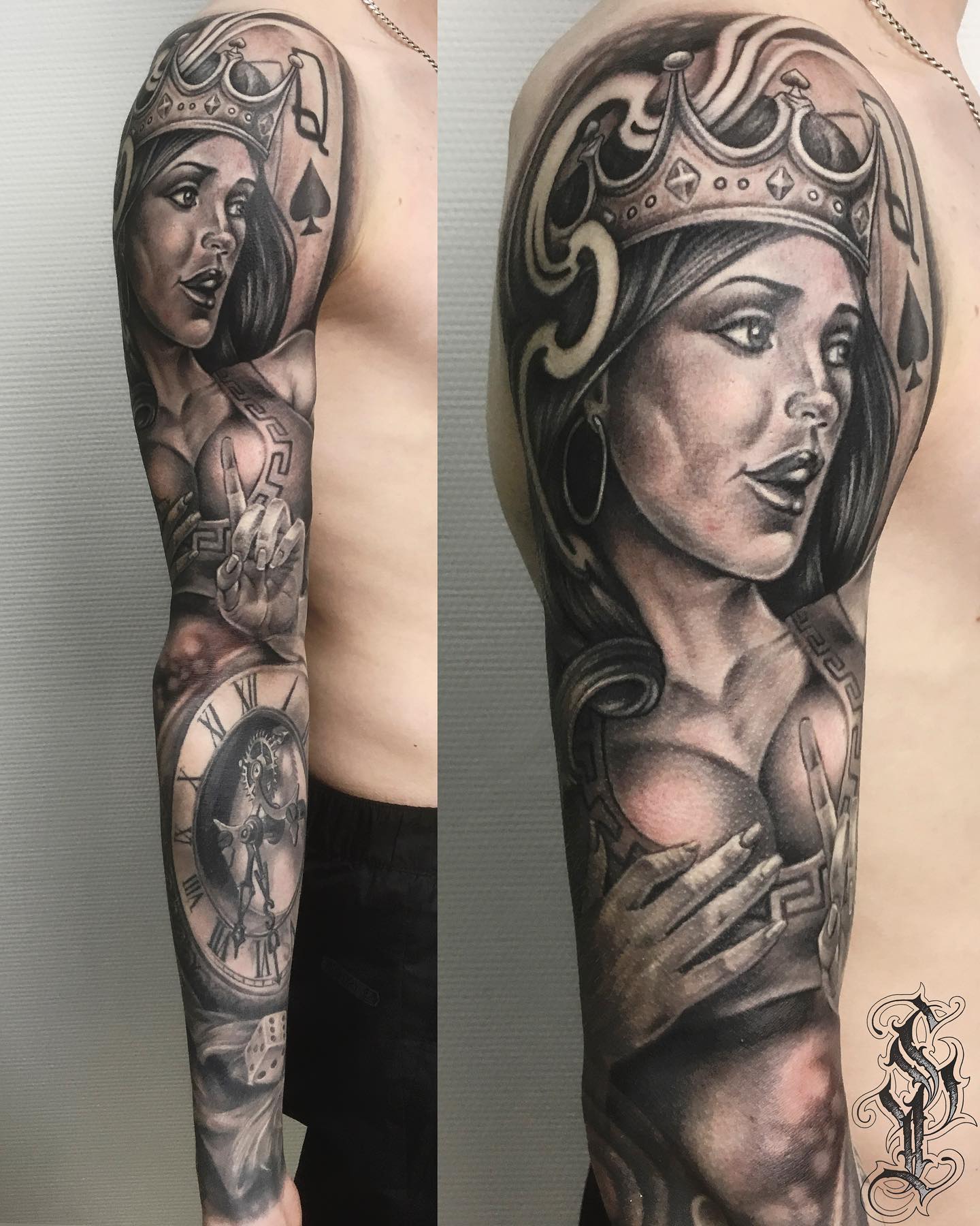 Tatuaje completo de Reina de Picas en el Brazo.