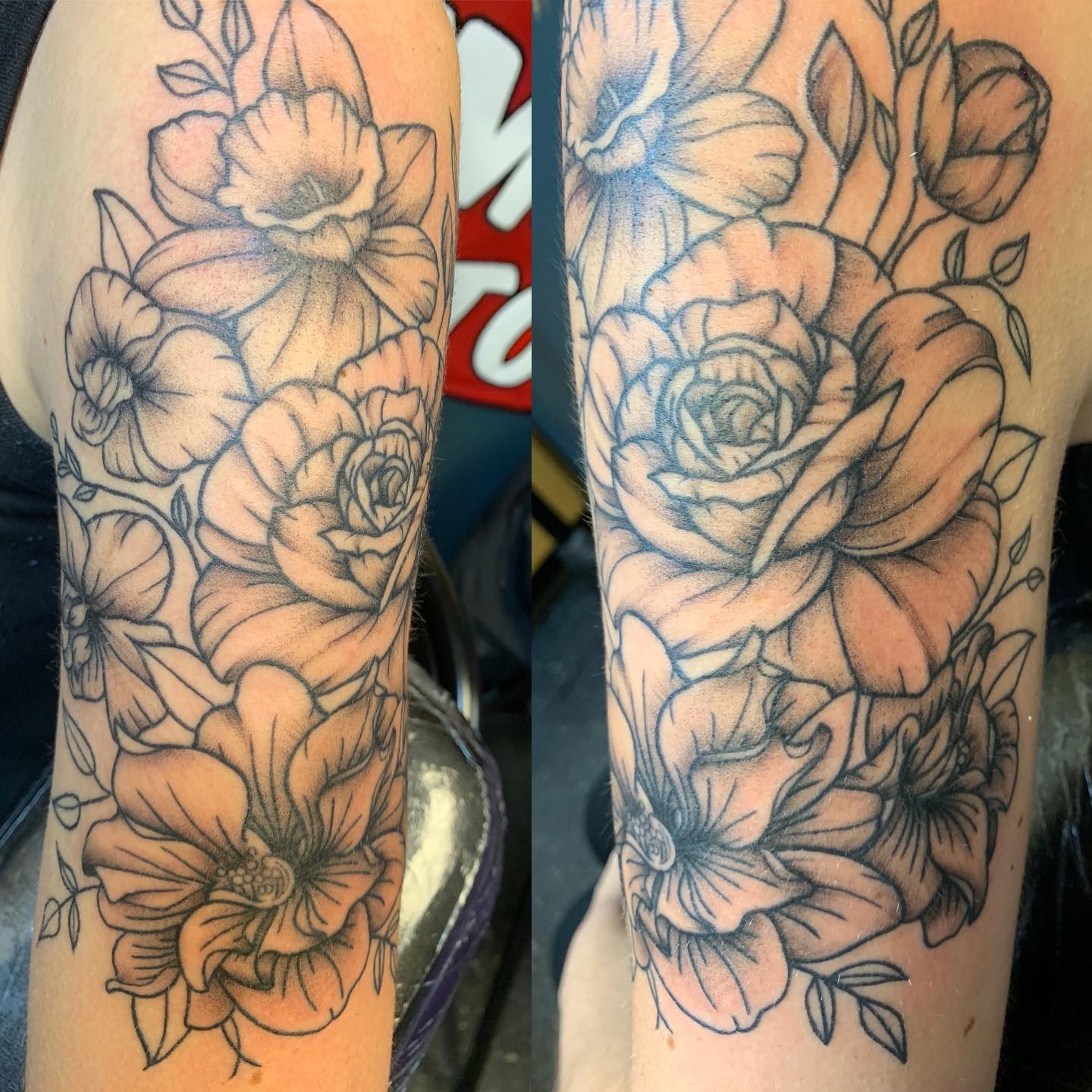 Tatuaje de flor de narciso en todo el brazo.