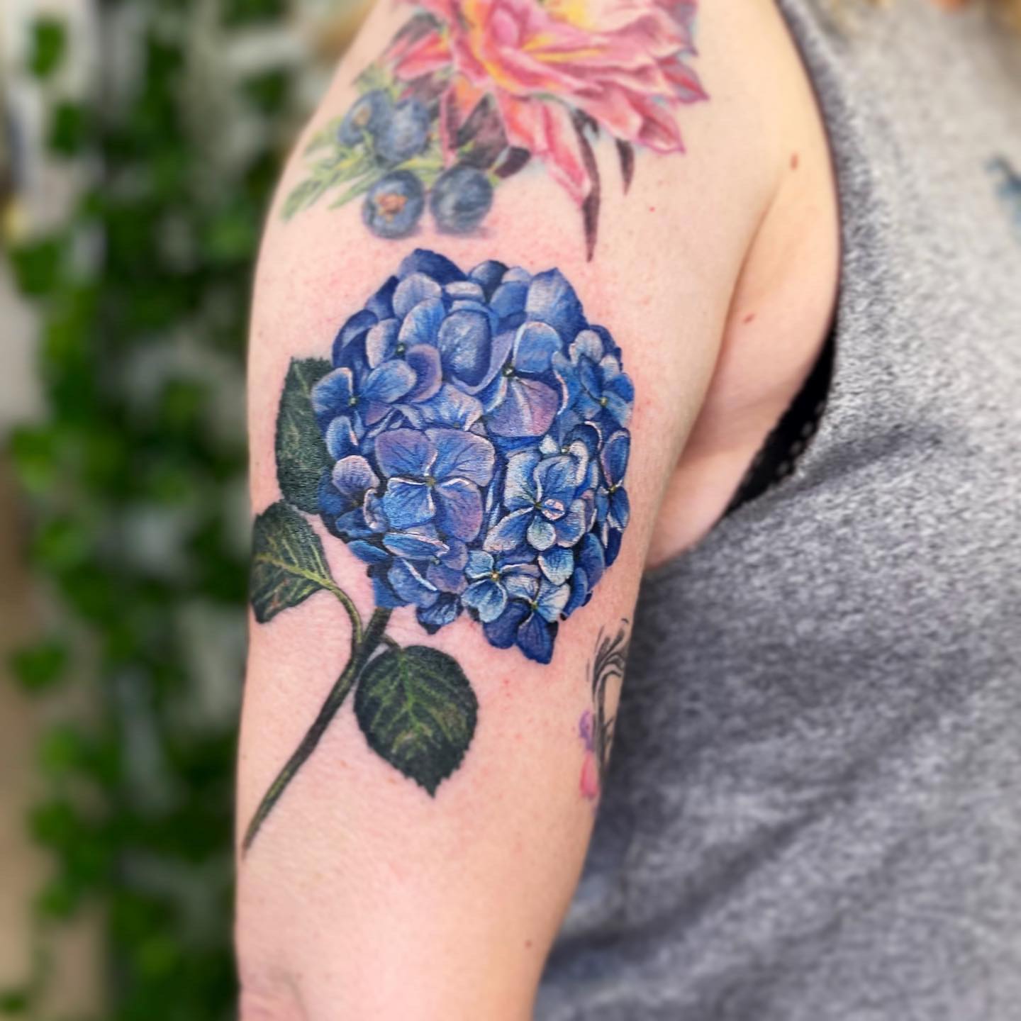 Tatuaje de Hortensia de Brazo Azul