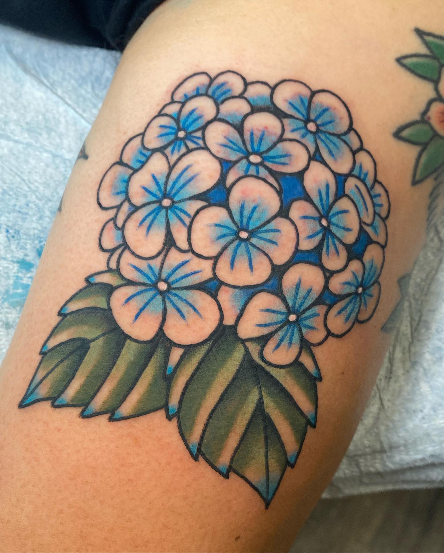 Tatuaje de hortensia tinta azul