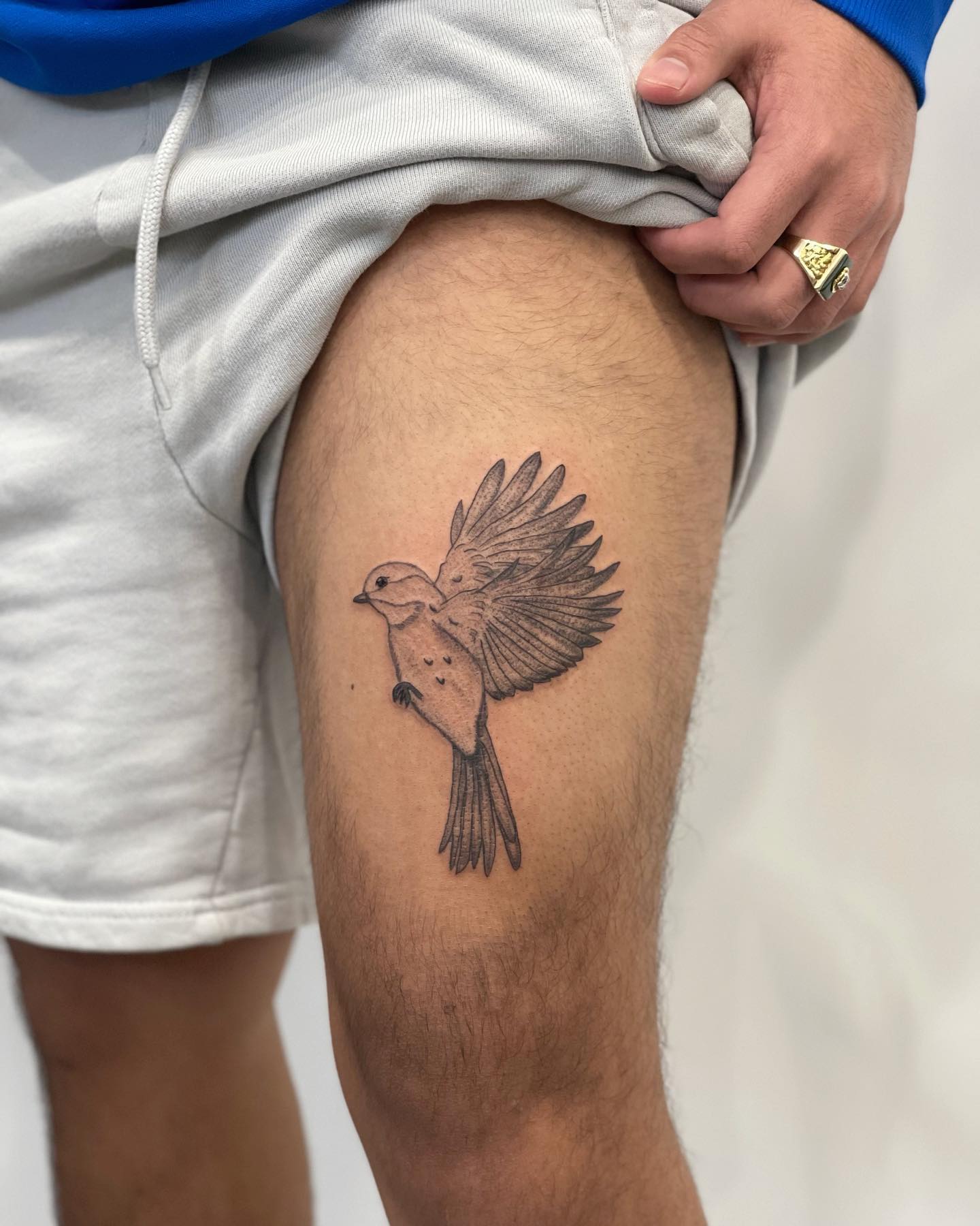 Tatuaje de pájaro en el muslo.