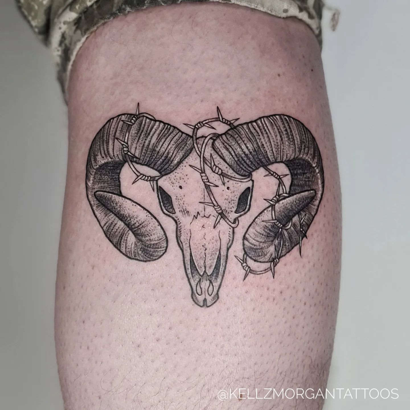 Tatuaje de cráneo de carnero con alambre de púa