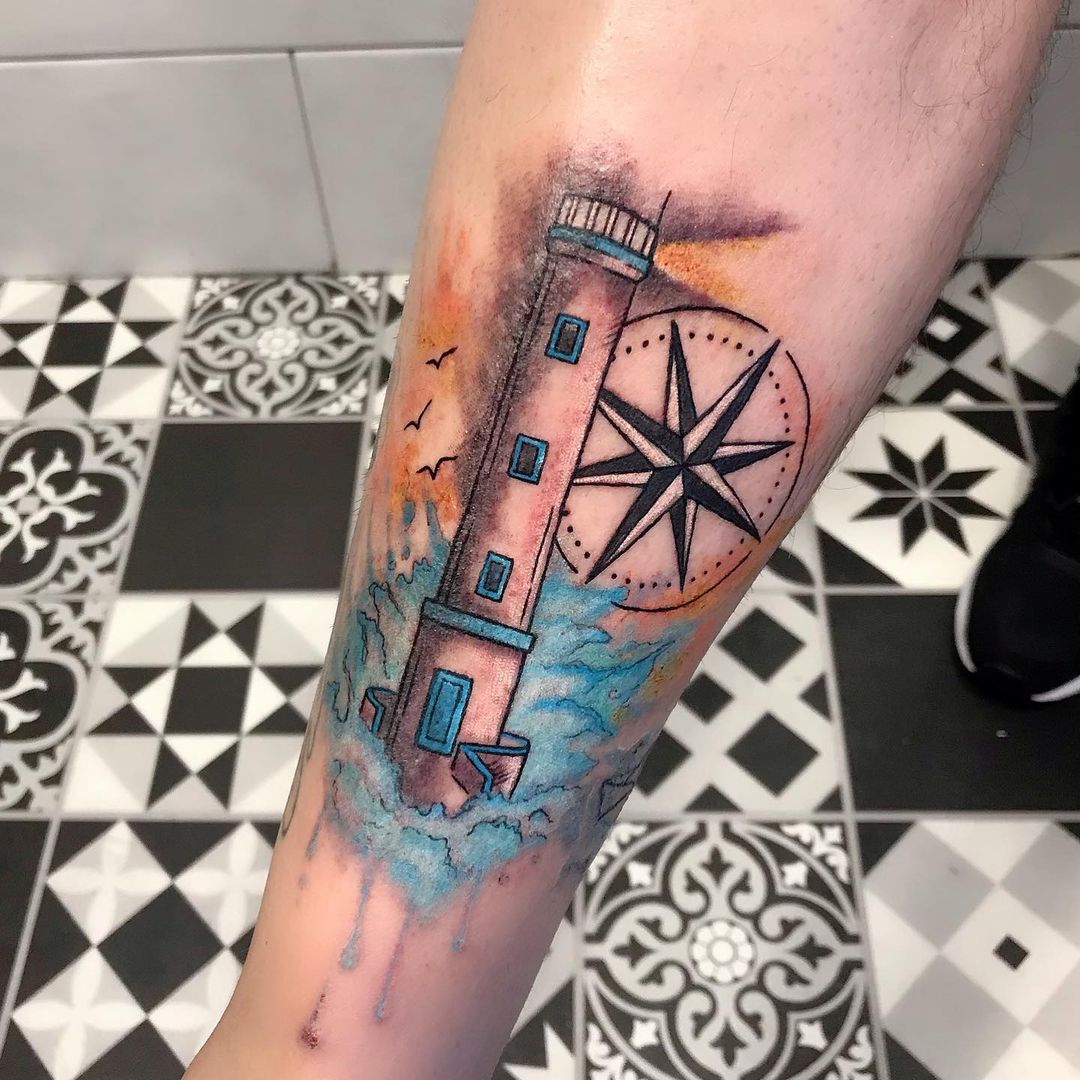Tatuaje de Faro Pierna Azul