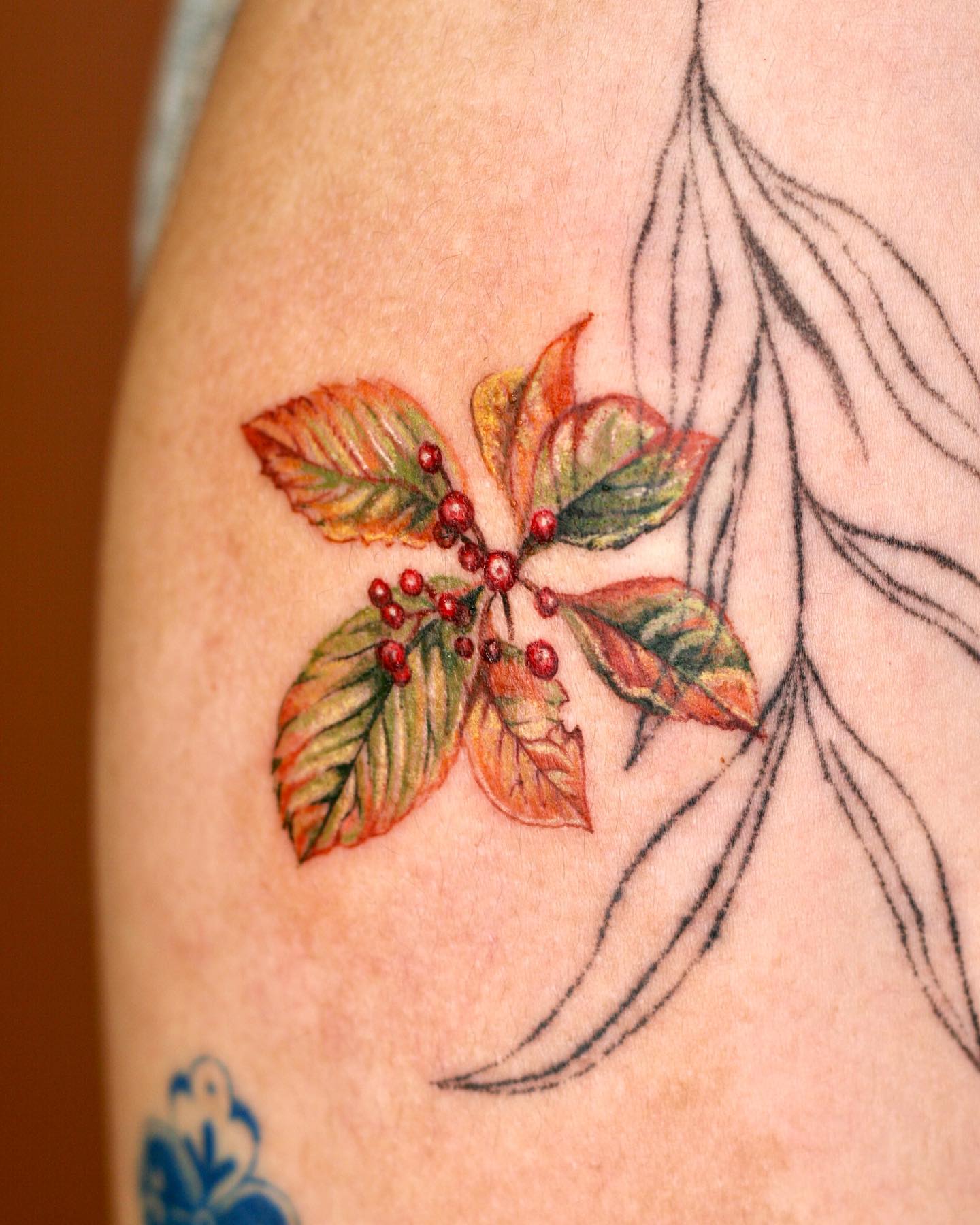 Tatuaje de hojas de naranja en el brazo.